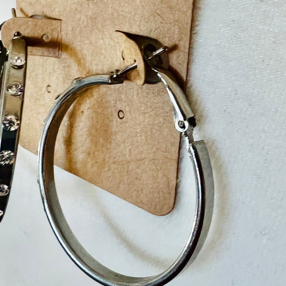 Argentine Stainless Steel & Sparkling Rhinestone Clasp Post Large Hoop Earrings - Picture 5 of 7
